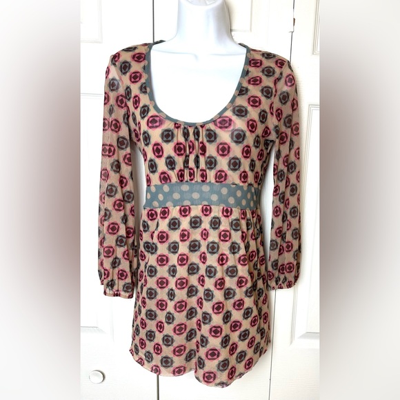 Vintage SWEET PEA Mesh Top Shirt Geo Polka Dot Blouse Y2K Blue Pink Tan Scoop - Picture 1 of 8